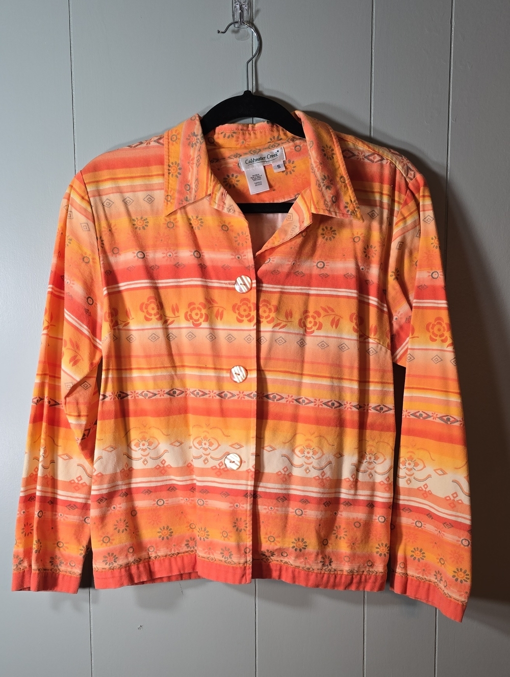 Coldwater Creek Orange and Yellow Patterned Button-Down Shirt